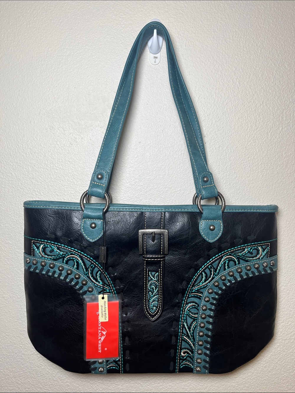 Montana West Black Tote with Teal Embroidery & Straps